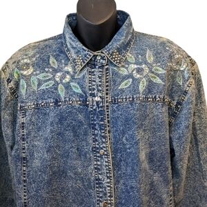 VINTAGE acid wash embellished denim shirt medium